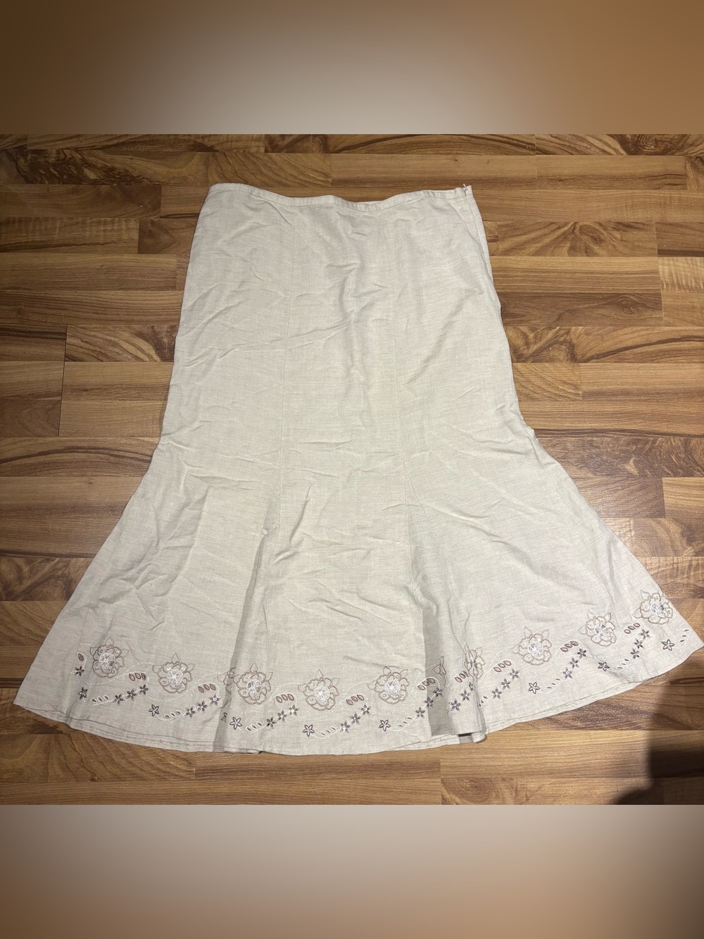 BHS Linen Blend A-Line Skirt Beige Size 14 Sequins Floral Embroidered